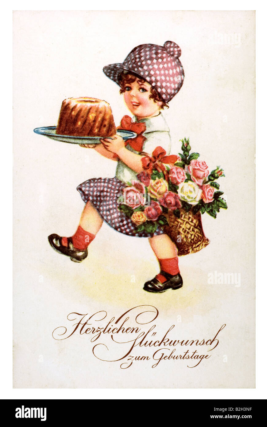 Cartolina motive carino bambina classica torta di compleanno fiori del XIX secolo in Germania Foto Stock