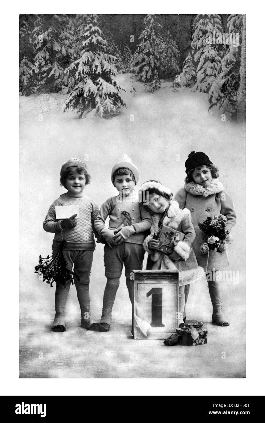Anno nuovo motivo cartolina bambini con fortuna presenta del XIX secolo in Germania Foto Stock