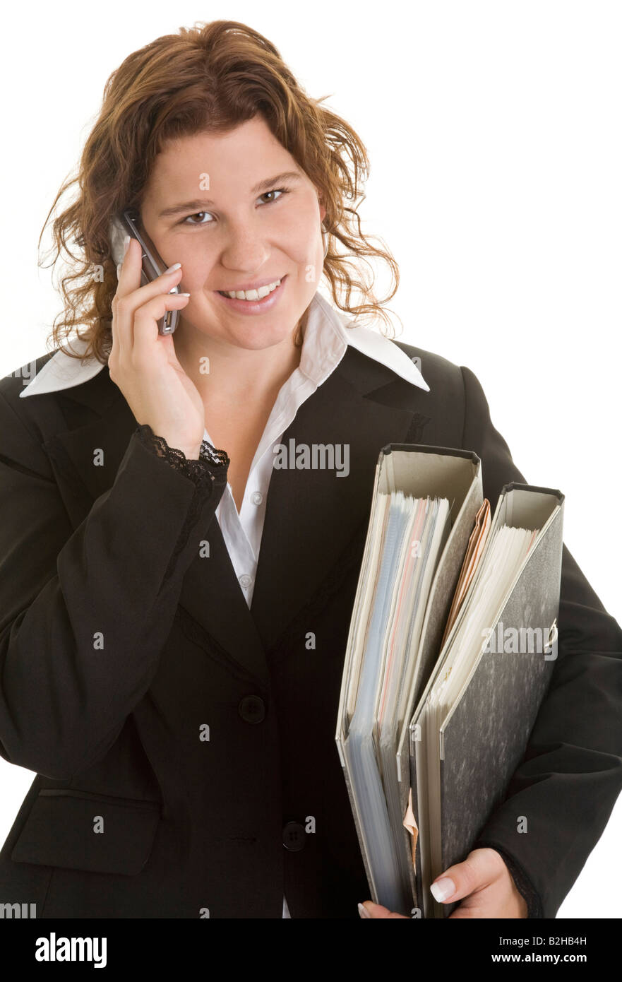 Imprenditrice tradeswoman file di documento telefonare con il cellulare chiamando donna comercial conversazione della chiamata telefonica Foto Stock