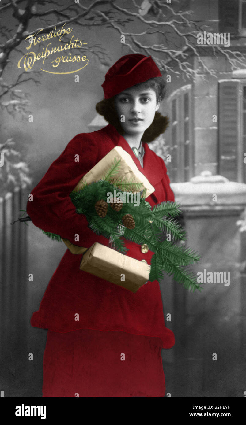 Cartolina di Natale motivo woman in red del XIX secolo in Germania Foto Stock