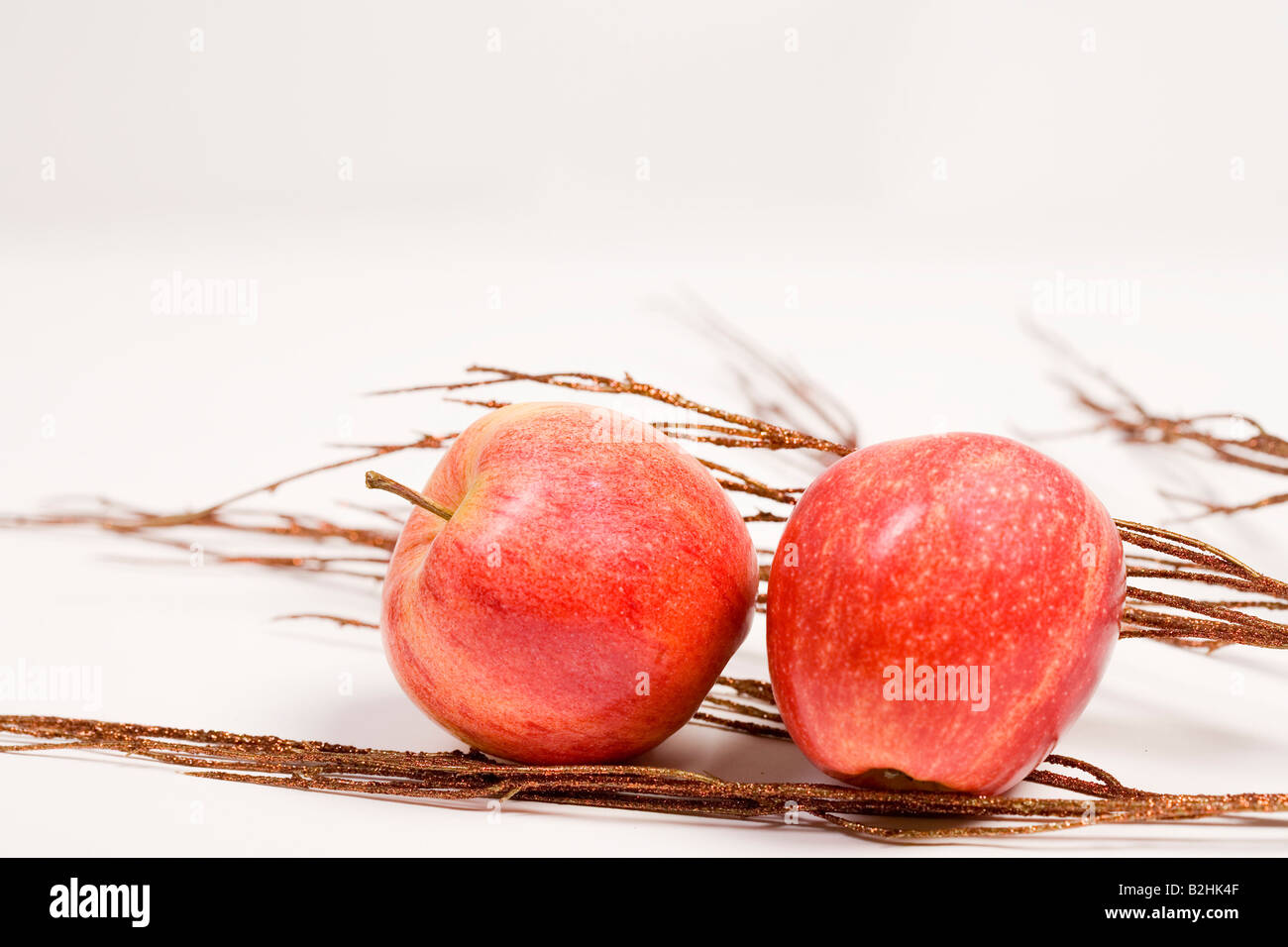 Ancora la vita di due mele rosse e ramoscelli Foto Stock