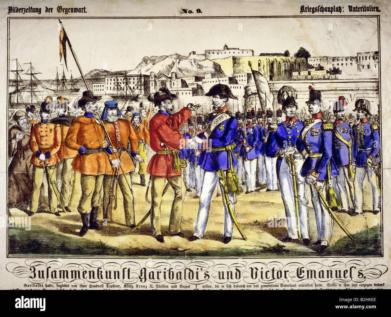 Garibaldi, Giuseppe, 4.7.1807 - 2.6.1882, combattente per la libertà italiano, a tutta lunghezza, incontro con il re Vittorio Emanuele II di Sardenia-Piemont, nei pressi di Teano, 26.10.1860, litografia colorata, 'Bildzeitung der Gegenwart', n. 9, Foto Stock
