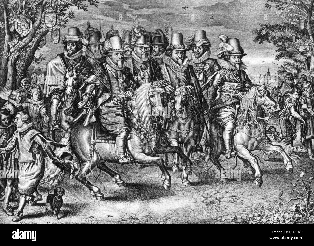 Maurizio di Nassau, 13.11.1567 - 23.4.1625, Stadtholder di Olanda e Seeland 1584 - 1625, con i fratelli Philipp William e Frederick Henry, incisione di Willem Jacobzon Delff, inizio del XVII secolo, , artista del diritto d'autore non deve essere cancellata Foto Stock