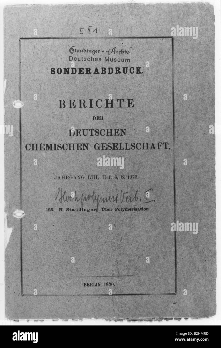 Staudinger, Hermann, 23.8.1881 - 8.9.1955, chimico tedesco, lavoro sulla polimerizzazione, relazioni della società chimica tedesca, Berlino, 1920, titolo, Foto Stock
