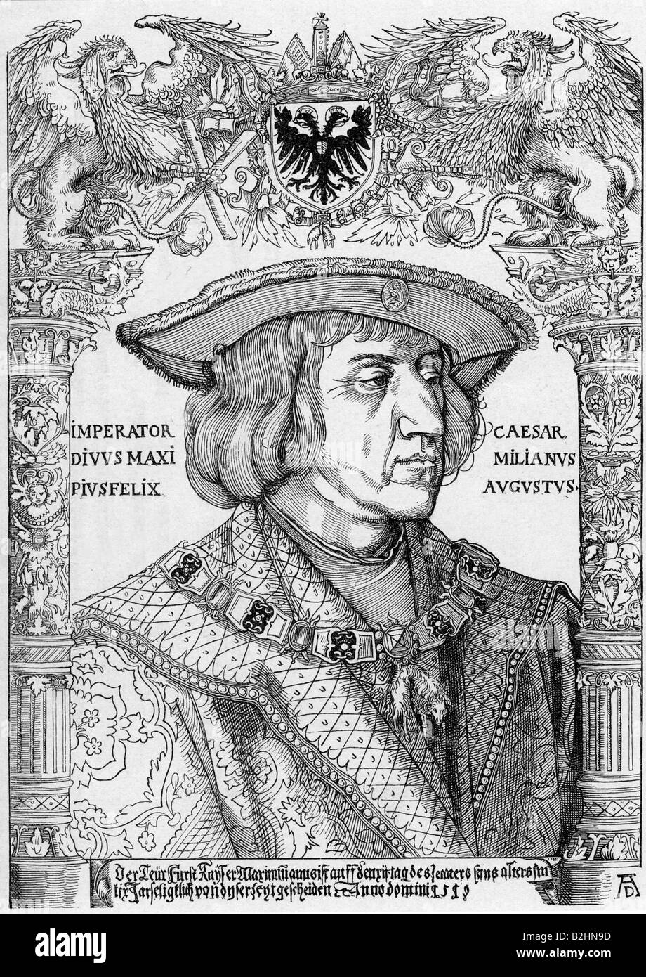 Massimiliano I, 22.3.1459 - 12.1.1519, Sacro Romano Imperatore 4.2.1508 - 12.1.1519, ritratto, xilografia di Albrecht Dürer, 1519 , artista del diritto d'autore non deve essere cancellata Foto Stock