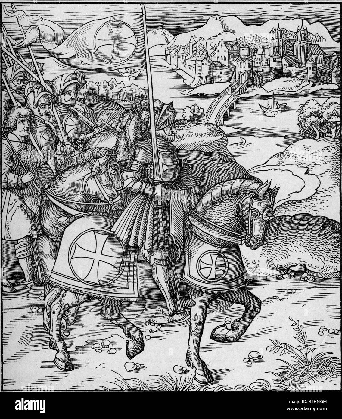 Maximiliam i, 22.3.1459 - 12.1.1519, Sacro Romano Imperatore 4.2.1508 - 12.1.1519, immagine equestre, cavalcando contro i nemici del cristianesimo, legno tagliato a "Theuerdank", 1517, , Foto Stock