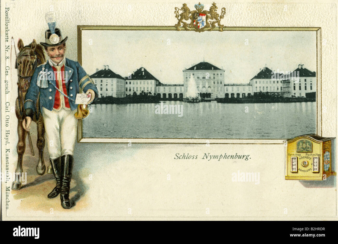 Posta/posta, postini, coachman bavarese, vista di Nymphenburg, cartolina, editore Carl otto Hayd, stampato 26.3.1902, Foto Stock