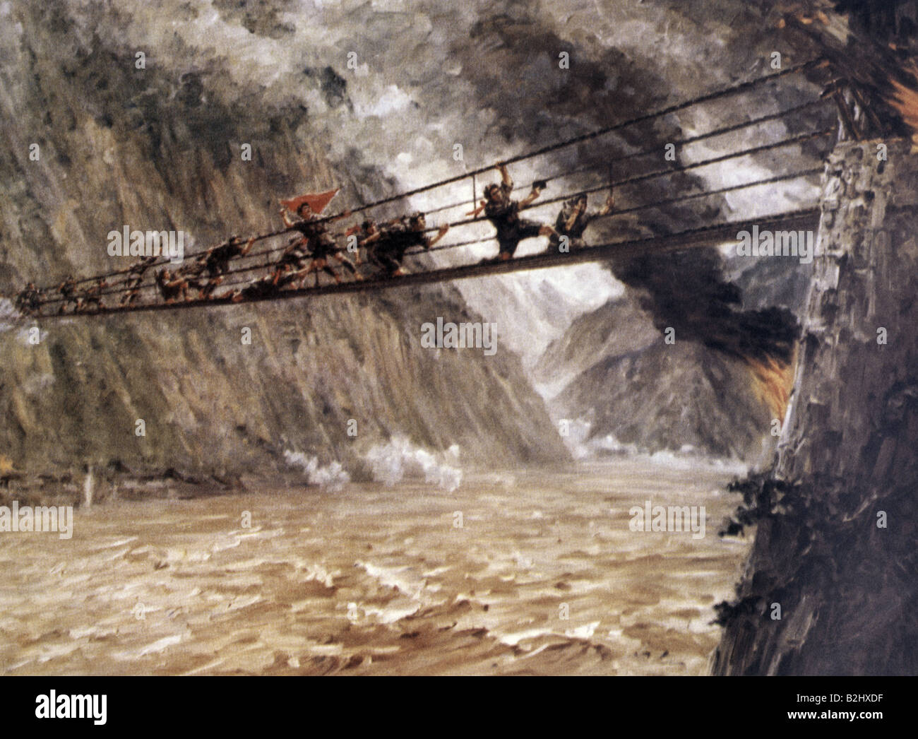 Geografia / viaggio, Cina, rivoluzione del comunismo, lungo marzo 1934 / 1935, passaggio forzato del ponte di Luding, dipinto da Liu Gua Hsi, Foto Stock