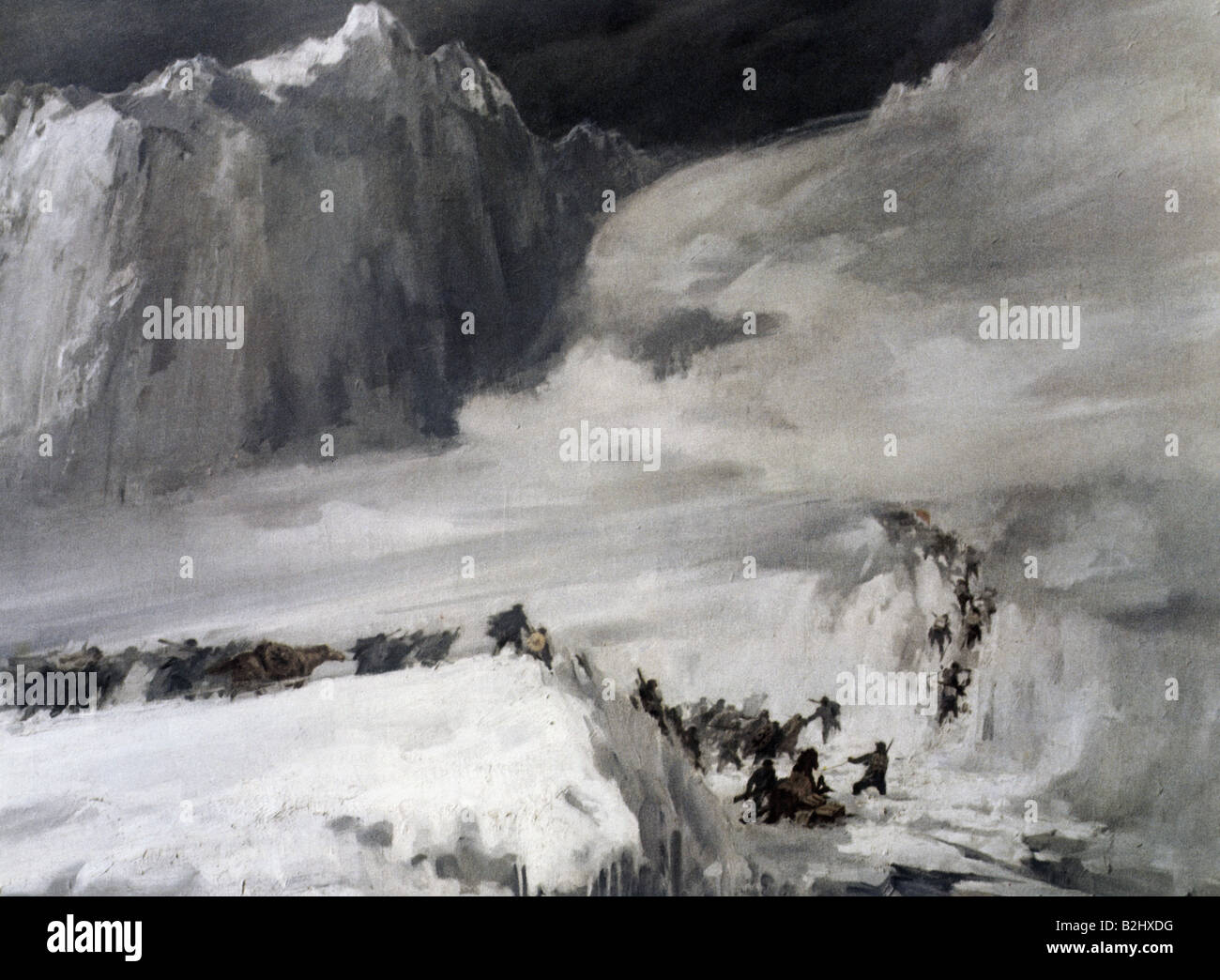 Geografia / viaggio, Cina, rivoluzione del comunismo, lungo marzo 1934 / 1935, 'Esercito Di Liberazione Del Popolo' passando una catena montuosa coperta di neve, dipinto da ai Dschung Hsin, Foto Stock