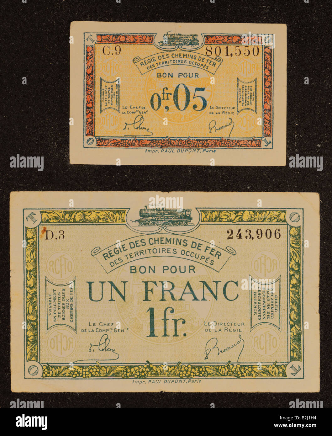 Moneta/finanza, banconote, Francia, moneta di valuta di riferimento nella seconda guerra mondiale, banconote di credito da 0,05 e 1 franco emesse dall'esecutivo ferroviario francese (parte occupata del paese), 1940s, 40s, Foto Stock