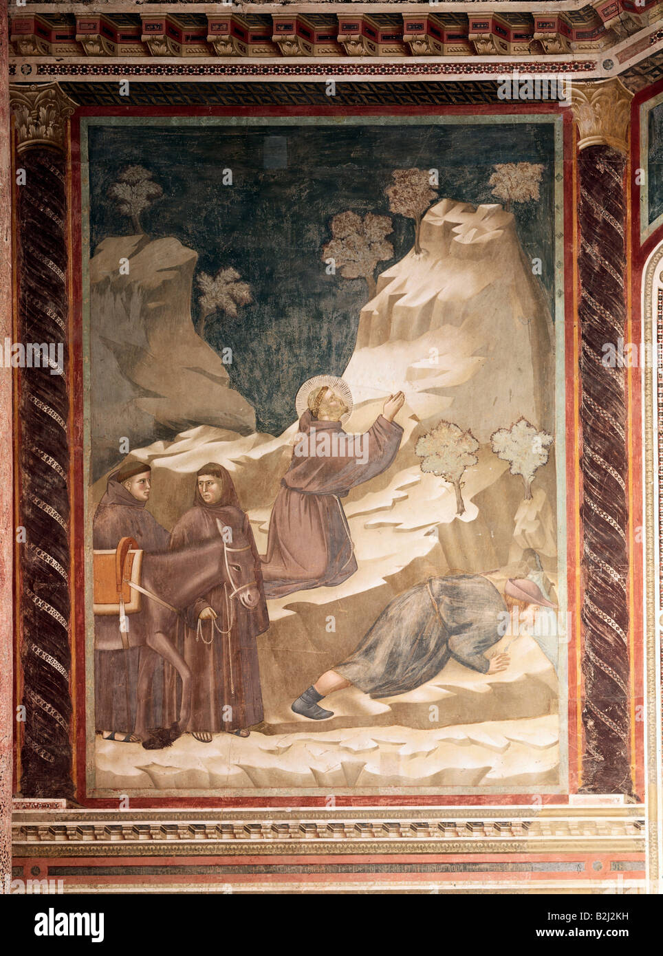 Francesco d'Assisi, San Giovanni Bernardone, sacerdote italiano (1182 - 1226), scena, 'Miracolo della Primavera', 1297 - 1300, attribuito a Giotto di Bondone, Basilica di San Francesco, Assisi, Italia, Foto Stock