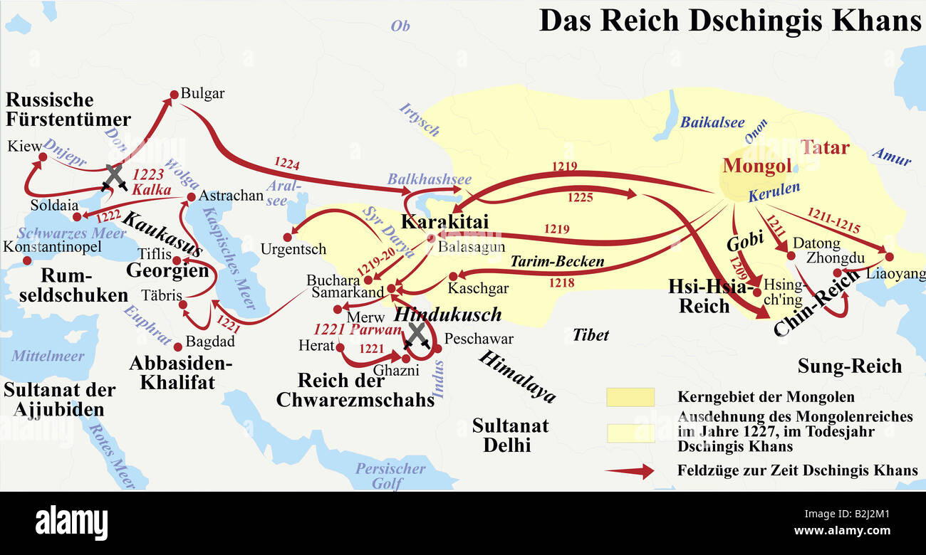 Cartografia, mappe storiche, Medioevo, Impero mongolo di Genghis Khan, 1218 - 1227, Foto Stock