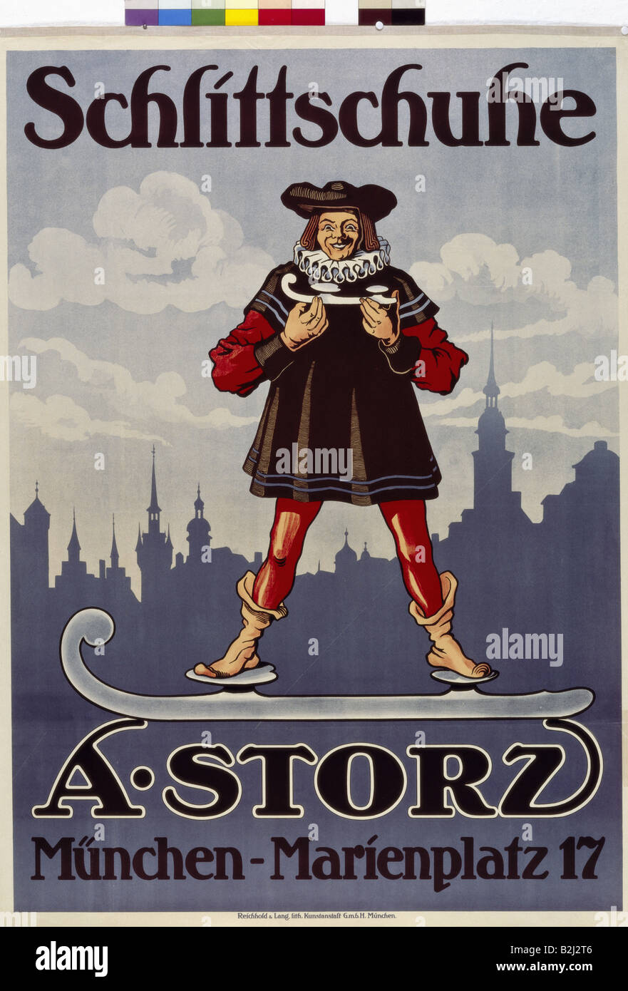 Pubblicità, articoli sportivi, pattini, A. Storz, Monaco, poster, arte, belle arti, skate, costume tradizionale tedesco, città, silhouette, storico, storico, attrezzature sportive, pubblicità, pubblicità, 20th secolo, persone, Foto Stock