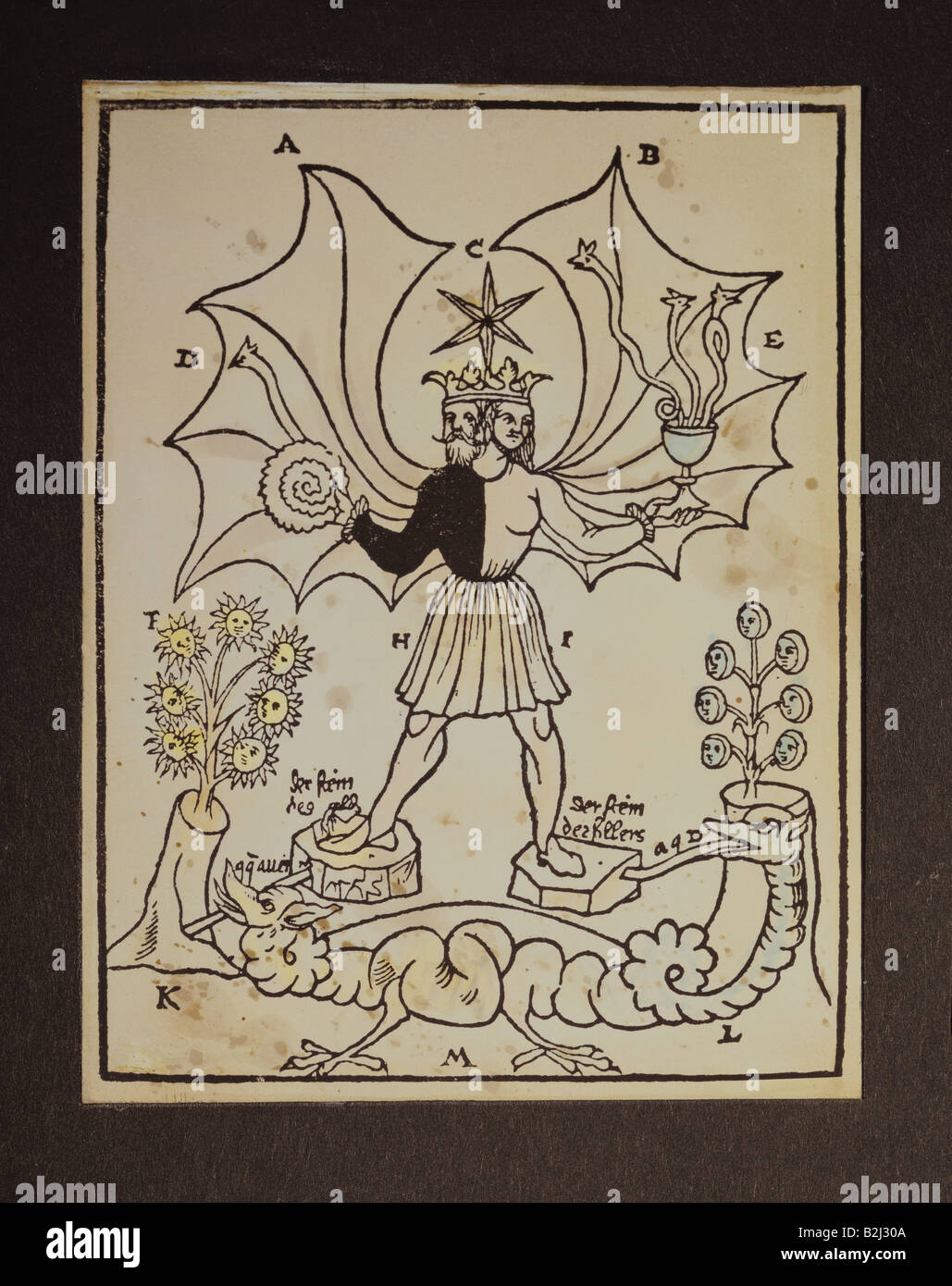 Alchimia, allegoria, pietra filosofale, taglio di legno, Pandora di Hieronymus Reusner, Henricpetri, Basel, 1578, Museo Pharmaziehistorisches, Basel, , Foto Stock