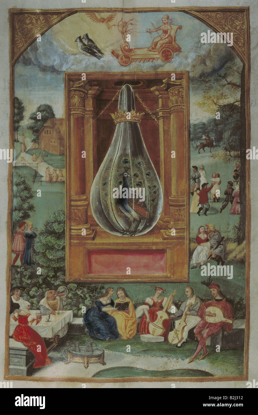 Alchimia, allegoria, fiala simbolo di sublimazione, miniatura, 'Solis di Spendor', Augusta, 1600 circa, Germanisches Nationalmuseum, Norimberga, Foto Stock