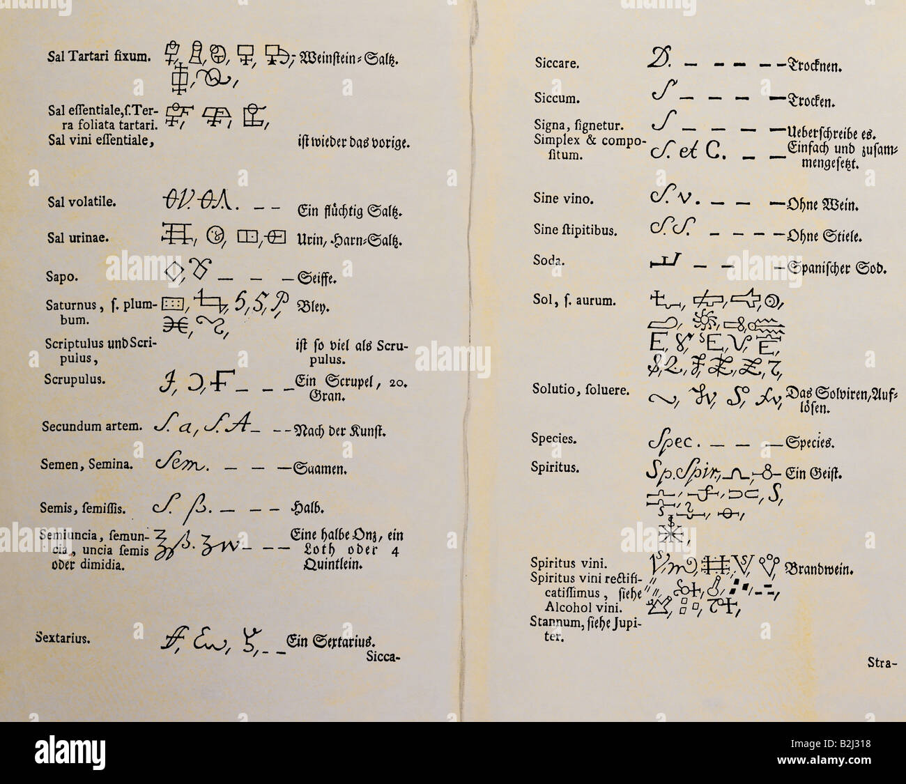 Alchimia, enciclopedia, lettera S, "Pharmaceutico Chymicum" di Johann Christoph Sommerhoff, Norimberga, 1793, collezione privata, Foto Stock