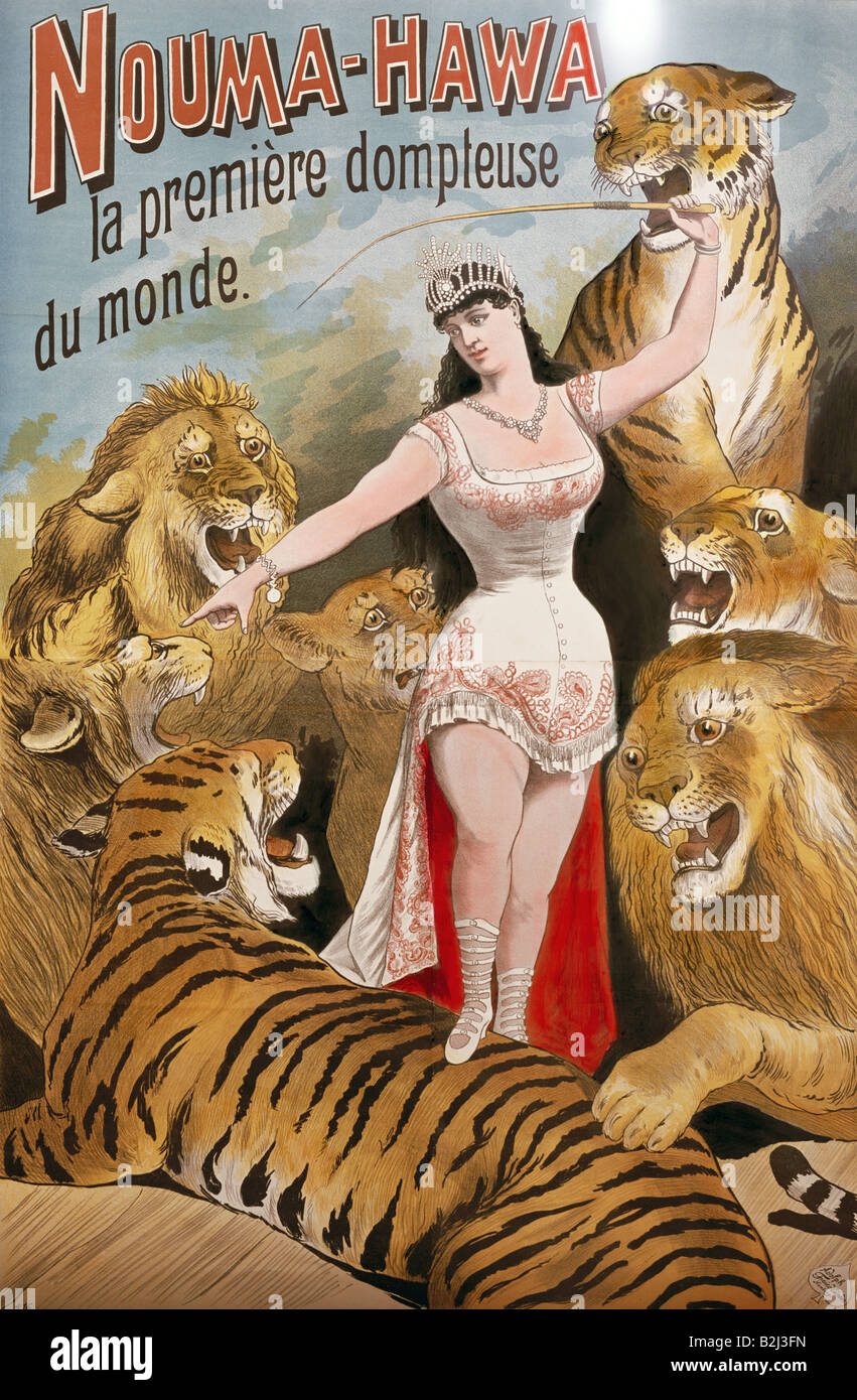 Pubblicità, circus, poster 'Nouma-Hawa, la premiere dompteuse du monde' (Nouma-Hawa, il mondo`s primo compattatore animale femminile), litografia a colori, di Adolph Friedlaender, Amburgo, Germania, 1885, Foto Stock