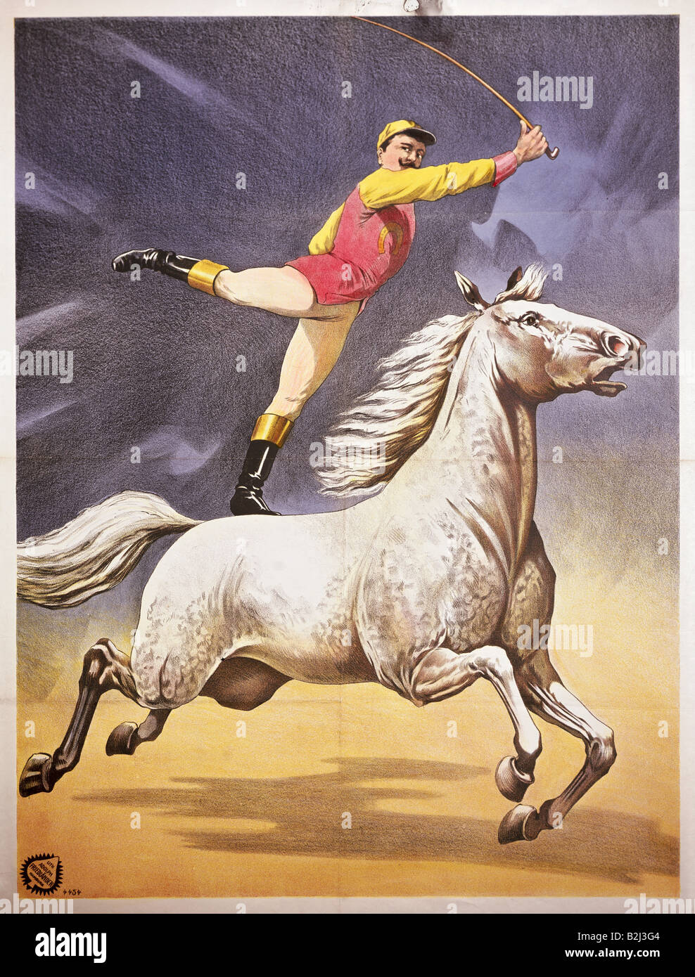 Circo, acrobazie, equilibrio atto, 'Kunstreiter auf galoppierendem Apfelschimmel' (Circus rider on galopping dapple grey horse), poster, litografia a colori, di Adolph Friedlaender, Amburgo, Germania, 1908, Foto Stock
