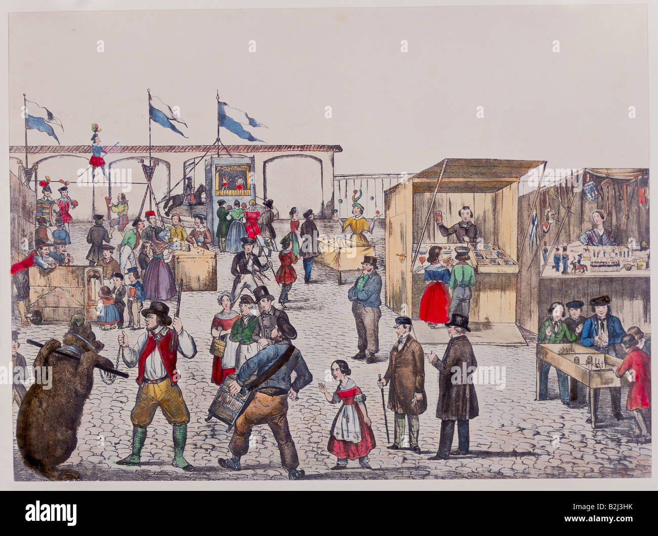 Festa, fiere, fiera del divertimento, 'Sueddeutsches Volksfest mit Verkaufsbuden, Jongleur und Messerschlucker, Puppentheater, Karussell, Seiltanz, Drehorgelmann und Baerenfuehrer' (fiera della Germania meridionale con bancarelle, giocolieri e spada, teatro delle marionette, giostra, strettista, allenatore d'organo, 1830°, litografo, Germania), litografo a colori, beer, litografo, Germania) Foto Stock