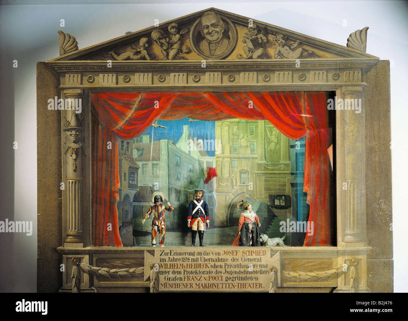 Teatro, teatro delle marionette, marionette, esposizione in memoria del Teatro Marionette di Monaco di Baviera di Josef 'Papa' Schmid, arrangiato 1912, Stadtmuseum, Monaco di Baviera, , Foto Stock