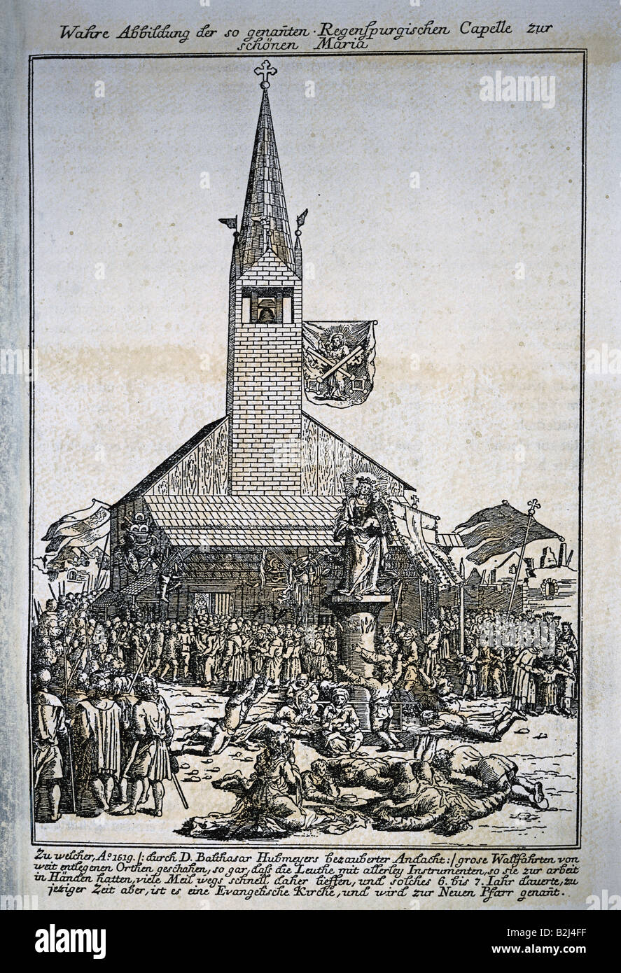 Religione, cristianesimo, pellegrinaggio, pellegrini alla Cappella della Bella Vergine Maria a Regensburg, in legno di Michael Ostendorfer, 1519, collezione privata, Foto Stock