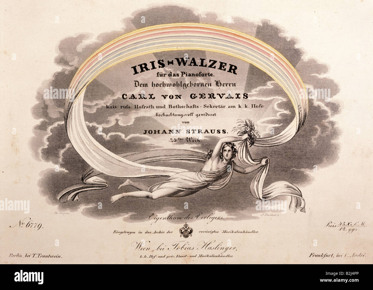 Strauß, Johann I (senior), 14.3. 1804 - 25.9.1849, il compositore austriaco, opere, raccolta di musica del foglio 'Iris-Walzer' (Iris valzer), stampato da Tobias Haslinger, Vienna, circa 1845, titolo, acciaio incisione, colorata, collezione privata, artista del diritto d'autore non deve essere cancellata Foto Stock