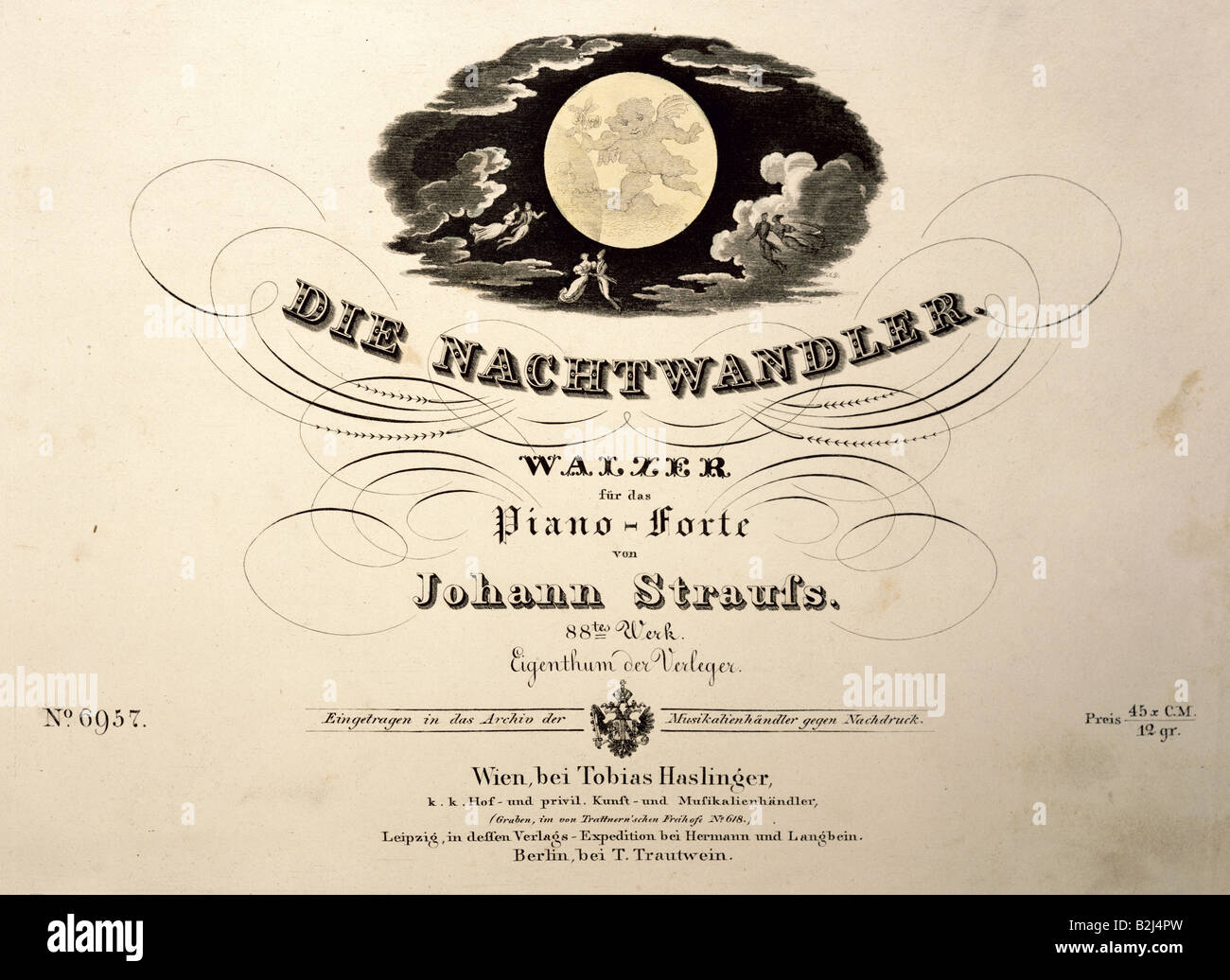 Strauß, Johann I (senior), 14.3. 1804 - 25.9.1849, il compositore austriaco, opere, raccolta di musica del foglio 'Die Nachtwandler' (l'sleepwalkers), stampato da Tobias Haslinger, Vienna, circa 1845, titolo, acciaio incisione, collezione privata, artista del diritto d'autore non deve essere cancellata Foto Stock