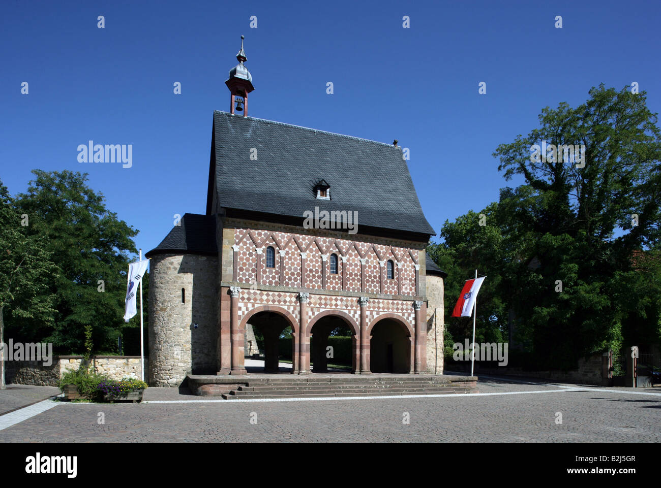 Architettura, chiese e conventi, Germania, Hesse, ex Abbazia dei Benedettini di Lorsch, Königshalle carolingia, Torhalle dell Abbazia Benedettina, vista esterna, fondata 764 , Additional-Rights-Clearance-Info-Not-Available Foto Stock