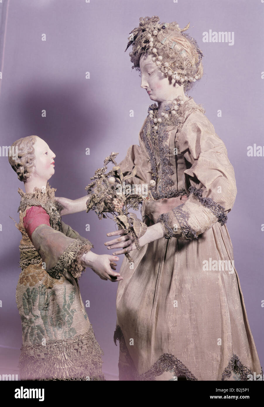 Giocattoli, bambole, 'Braut und Knabe' (sposa e ragazzo), bambole in legno, abiti, altezza (sposa) 38 cm, Germania, metà 18th secolo, Museo cittadino di Monaco, Foto Stock