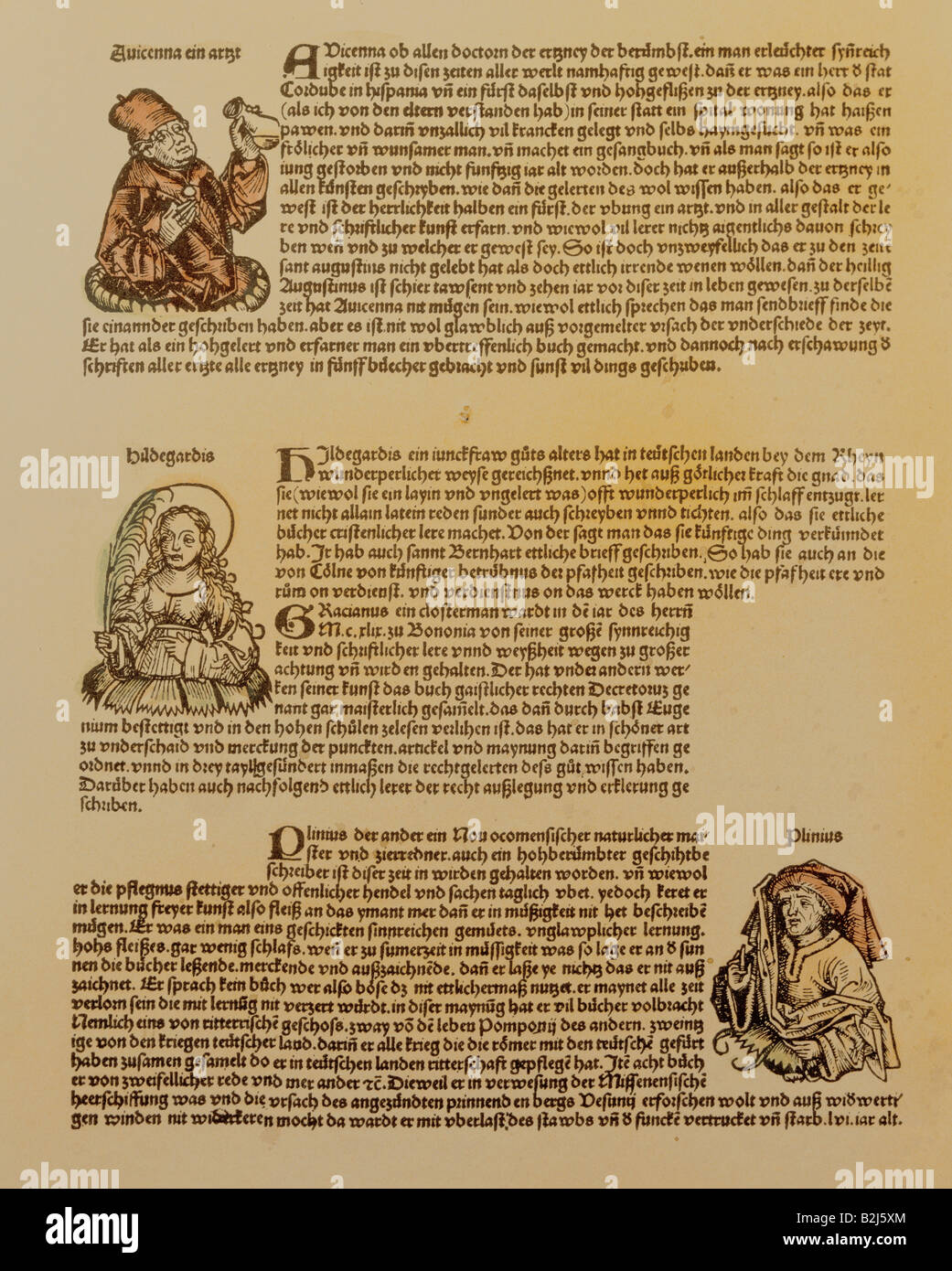 La scienza, historiy, libri, "cronaca mondiale' di Hartmann Schedel, stampato da Anton Korberger, Norimberga, 1493, immagini di Avicenna, Hildegard von Bingen e Gaio Plinio il Vecchio, xilografia da Michael Wohlgemut o Wilhelm Pleydenwurff, collezione privata, , artista del diritto d'autore non deve essere cancellata Foto Stock