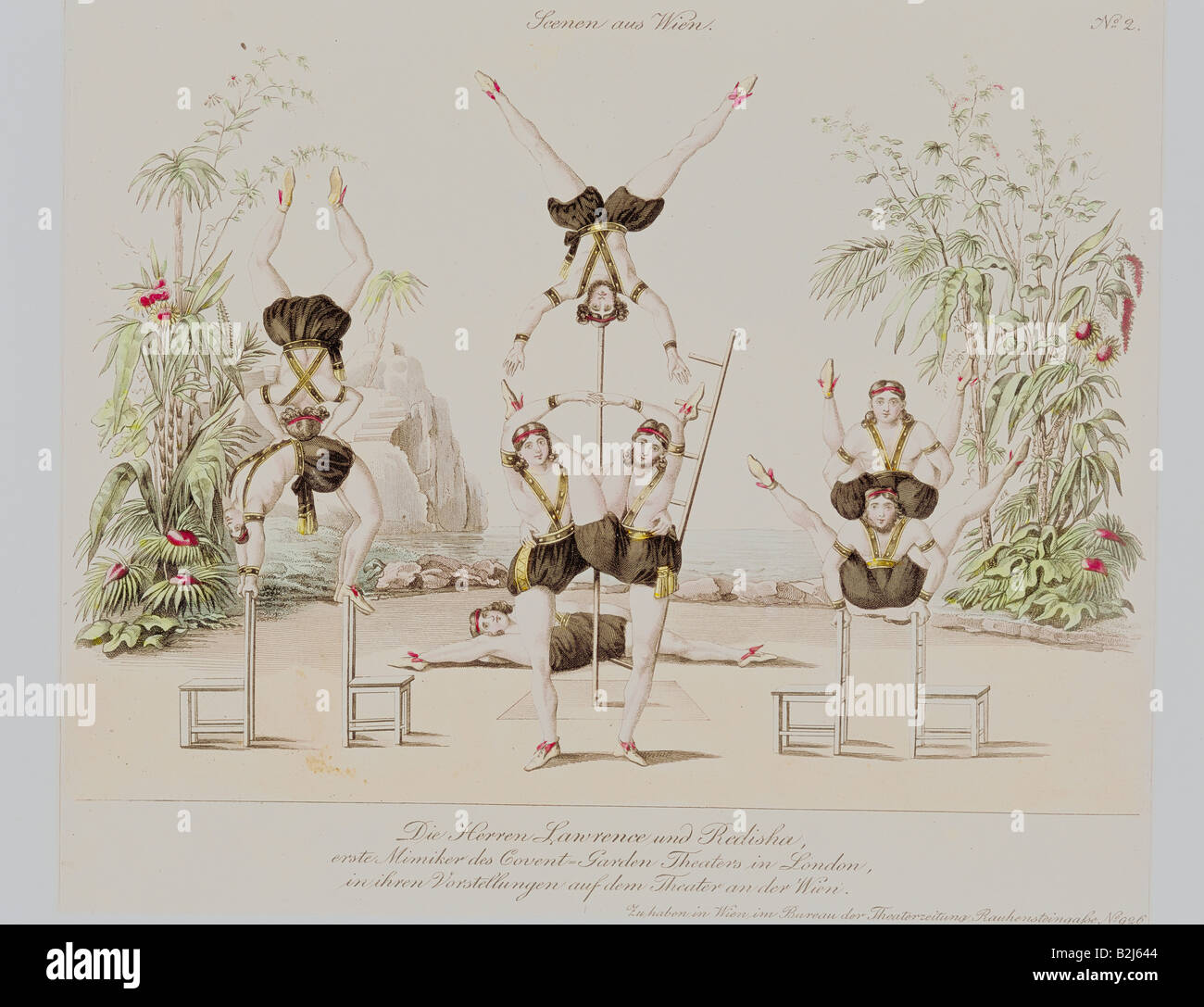 Circus, acrobazie, equilibrio atto, Lawrence e Reshida da Covent Garden Theatre a Londra, colorato di incisione su rame di Andreas Geiger dopo Johann Christian Schoeller, teatro magazine "cenen aus Wien", Vienna, circa 1830, collezione privata, artista del diritto d'autore non deve essere cancellata Foto Stock