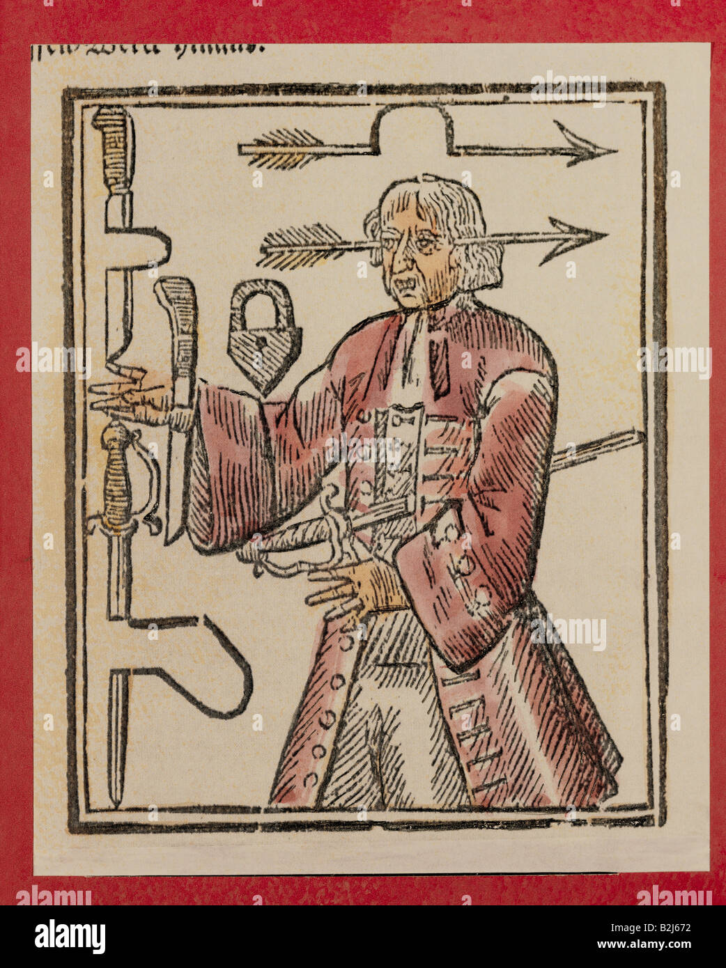 Circo, showmen, mago, illusione, freccia in testa, legno, 'Natuerliches Zauberbuch', Norimberga, 1745, collezione privata, , Foto Stock