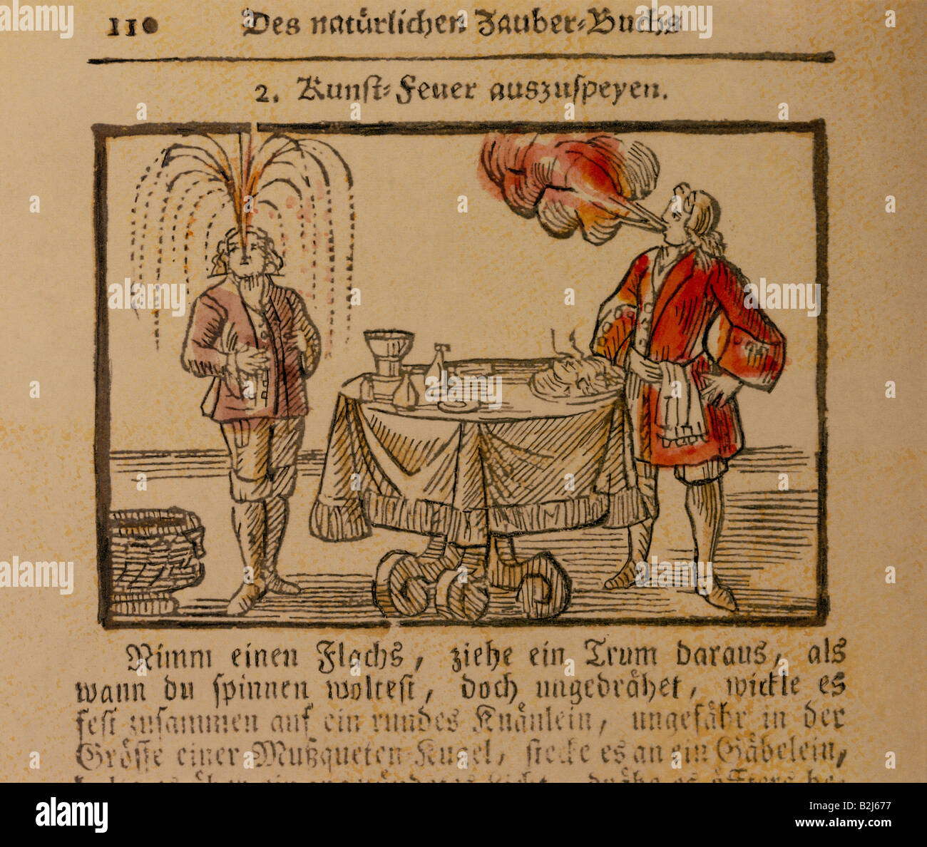 Circo, showmen, mangiatori di fuoco, intruso per sputare il fuoco, woodcut, 'Natuerliches Zauberbuch', Norimberga, 1745, collezione privata, , Foto Stock