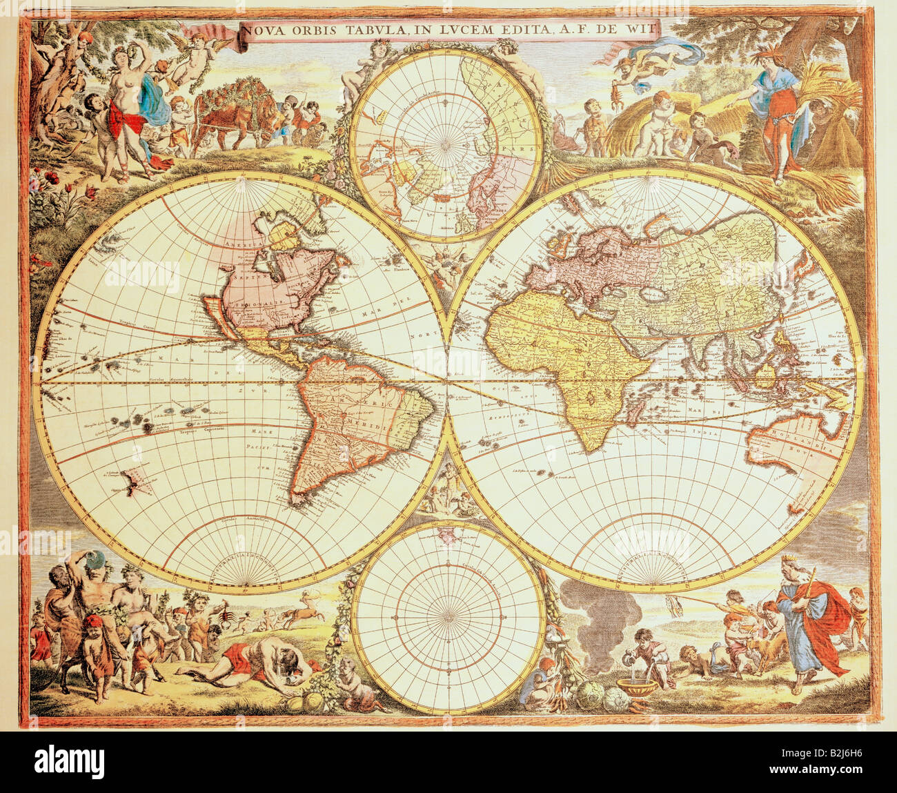 Cartografia, mappe del mondo, "Nova orbis tabula', colorato di incisione su rame stampata da Frederk de Witt, Amsterdam, 1680, collezione privata, , artista del diritto d'autore non deve essere cancellata Foto Stock