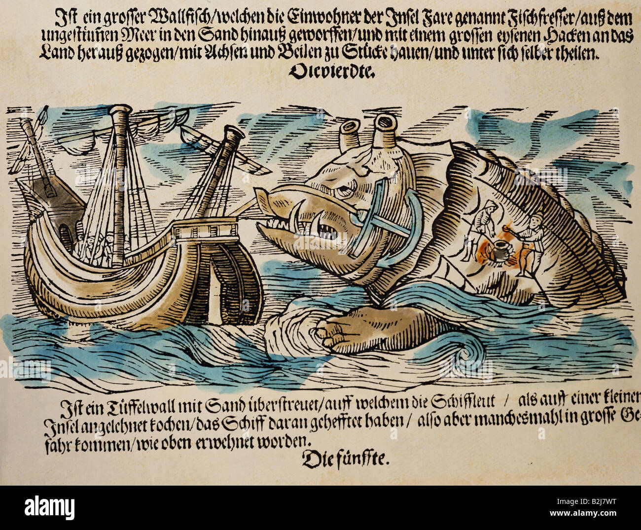 Superstizione, creature mitiche, ale attaccante una nave, woodcut, 'Historia animalium' di Conrad Gesner, volume 4th, 'Piscium et aquatilium animantium natura', 1558, collezione privata, Foto Stock