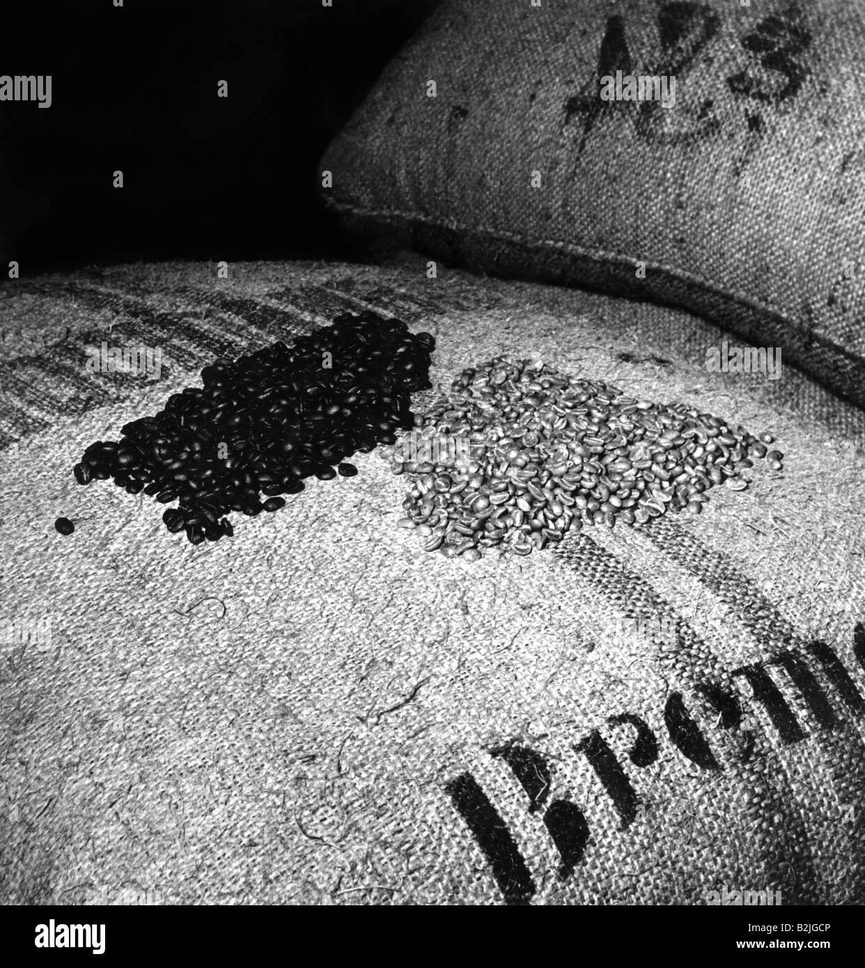 fodina e bevande, caffè, torrefazione, chicchi di caffè tostati e non tostati, 1970s, Foto Stock