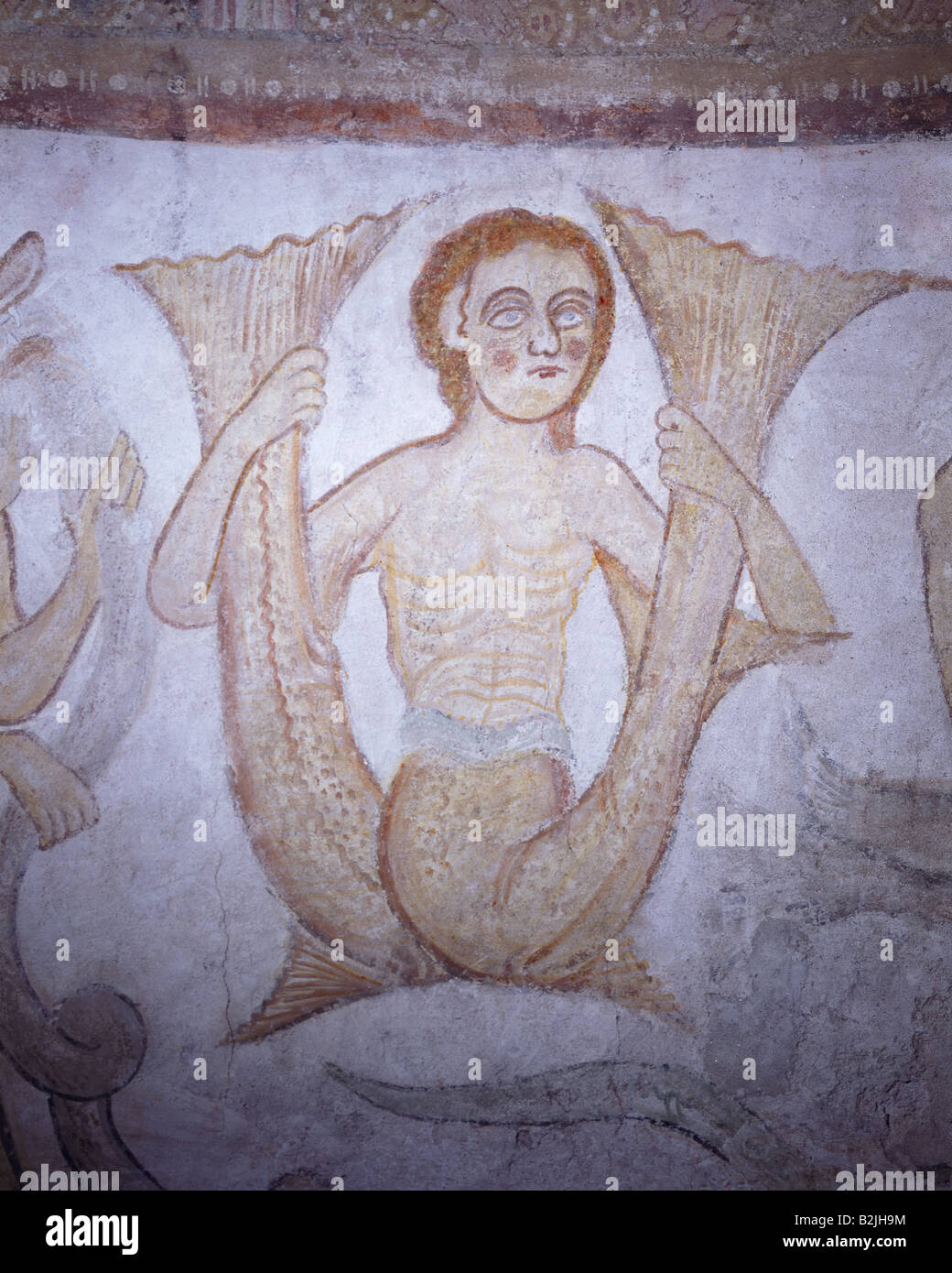 Belle arti, Medioevo, pittura murale, double-tailed sirena, simbolo della lussuria, affresco di San Giacomo Chiesa, Kastelaz, Alto Adige, Italia, inizi del secolo XIII, artista del diritto d'autore non deve essere cancellata Foto Stock
