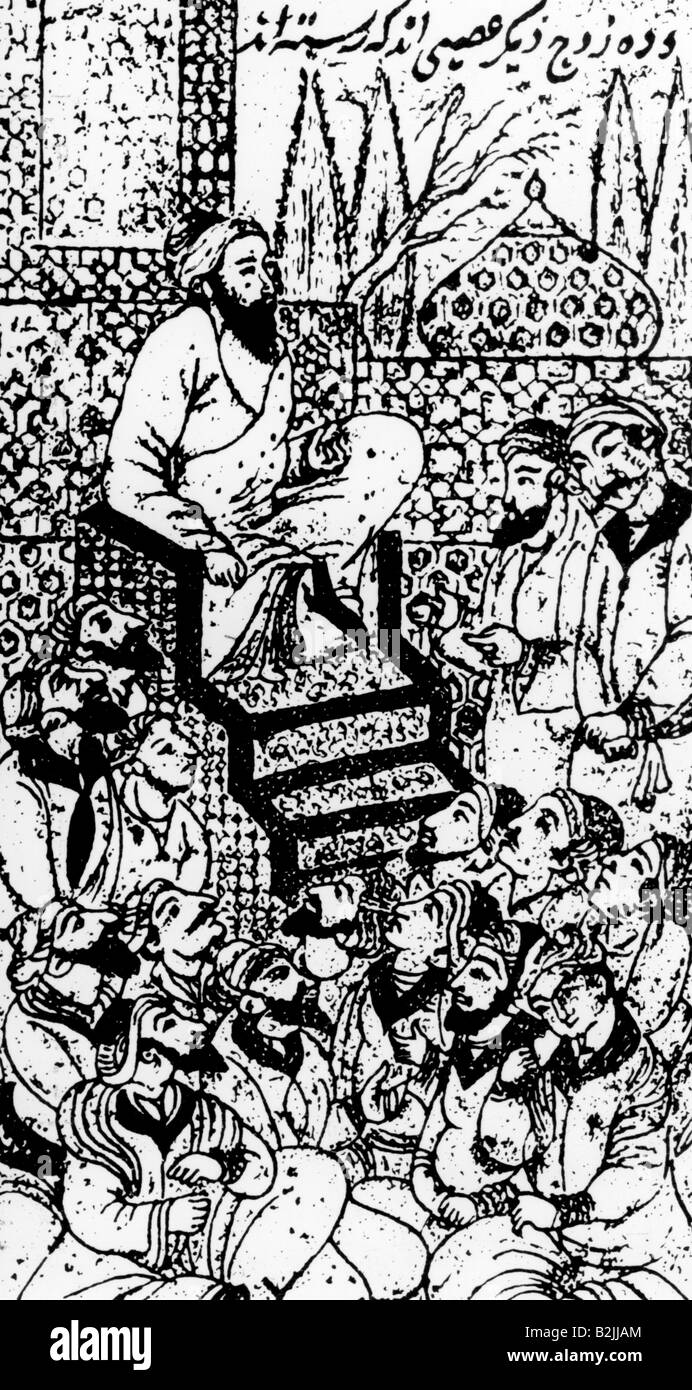 Avicenna (Abu Sina), 980 - 1037, filosofo e medico persiano, dando una lezione per i medici, da un manoscritto persiano, 17th secolo, Foto Stock