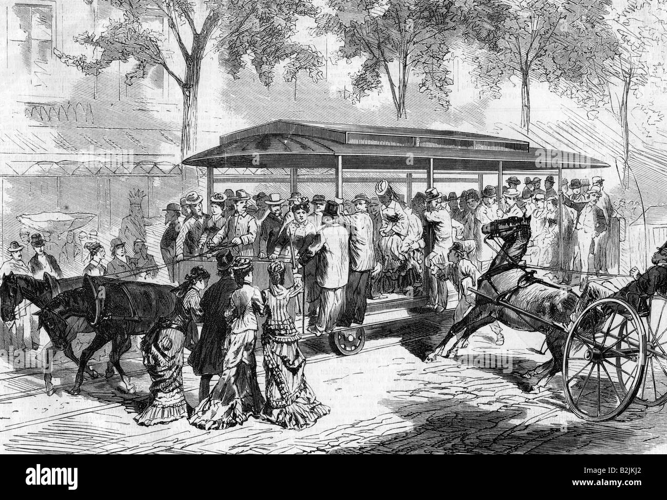 Trasporti/trasporti, trasporti pubblici, tram, tram trainati da cavalli, Philadelphia, Pennsylvania, incisione in legno dopo disegno di Elliot, 1877, Foto Stock