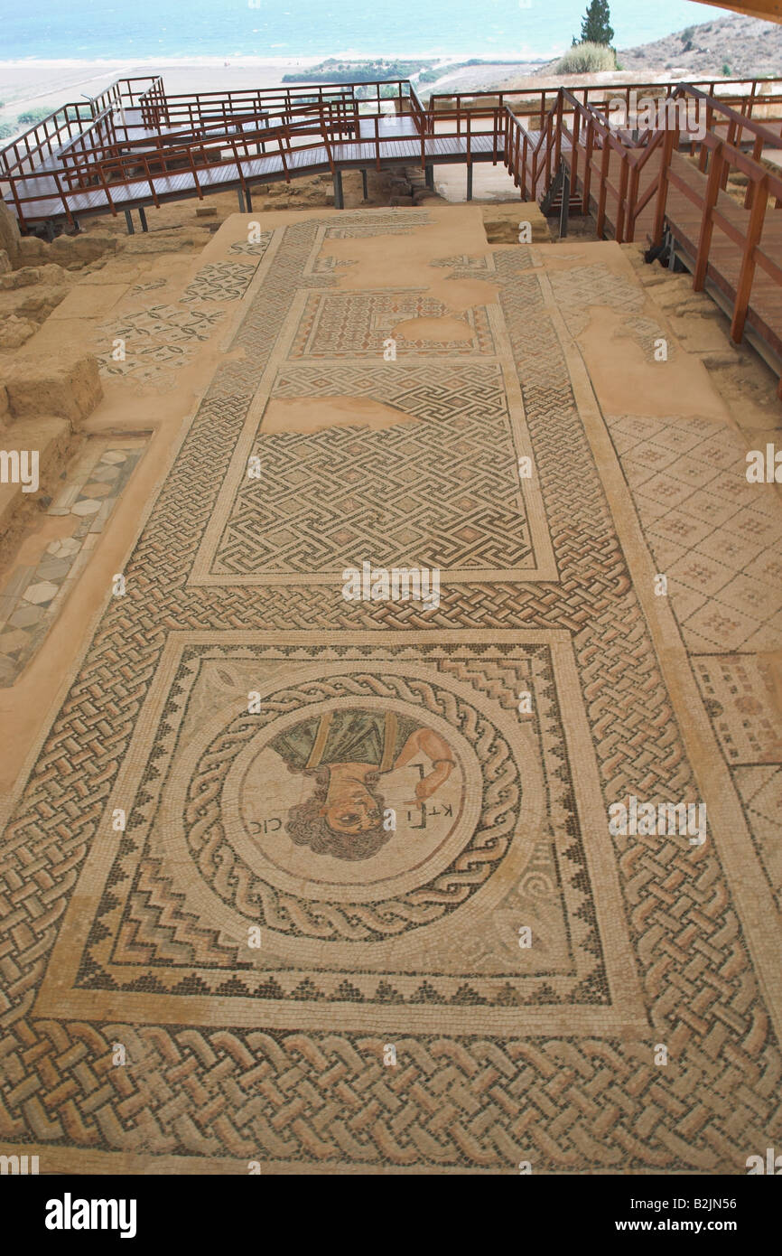 Sito archeologico di Kourion mosaici in casa di Eustolio, Cipro. Un sito patrimonio dell'umanità dell'UNESCO Foto Stock