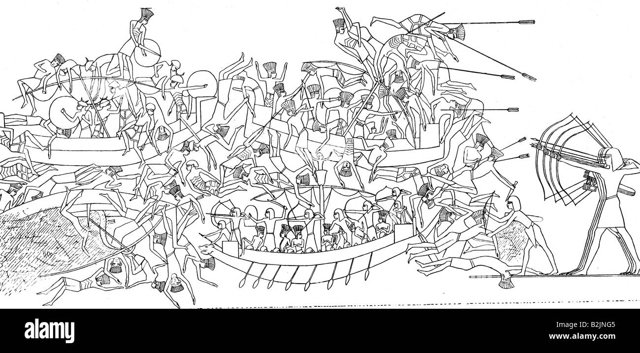 Geografia/viaggio, Egitto, militare, lotta contro Il Popolo del mare, battaglia navale nel delta del Nilo, incisione del legno dopo rilievo, tempio di Ramesses III (circa 1184 - 1153 a.C., dinastia 20th), Medinet Habu, guerra, guerra, soldati, arcieri, navi da battaglia, antichità del mondo antico, storico, storico, mondo antico, Foto Stock