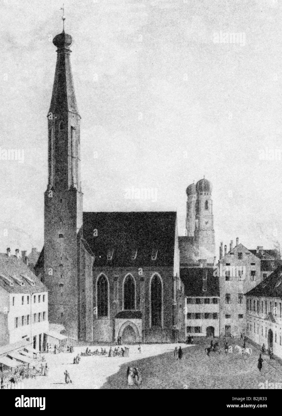 Geografia/viaggio, Germania, Monaco di Baviera, chiese, Chiesa Salvator, vista esterna, dopo litografia di Carl August Lebschee, circa 1850, chiesa greco-ortodossa dal 1829, Città Vecchia, Baviera, Europa, 19th secolo, storico, storico, greco ortodosso, persone, Foto Stock