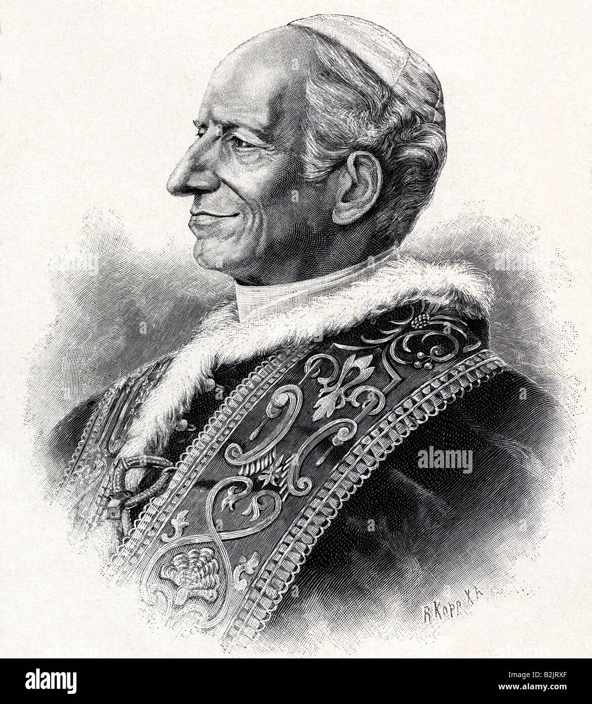 Leone XIII, (Vincenzo Gioacchino Pecci), 2.3.1810 - 20.6.1903, Papa 20.2.1878 - 20.6.1903, ritratto, incisione in legno, circa 1885, , Foto Stock