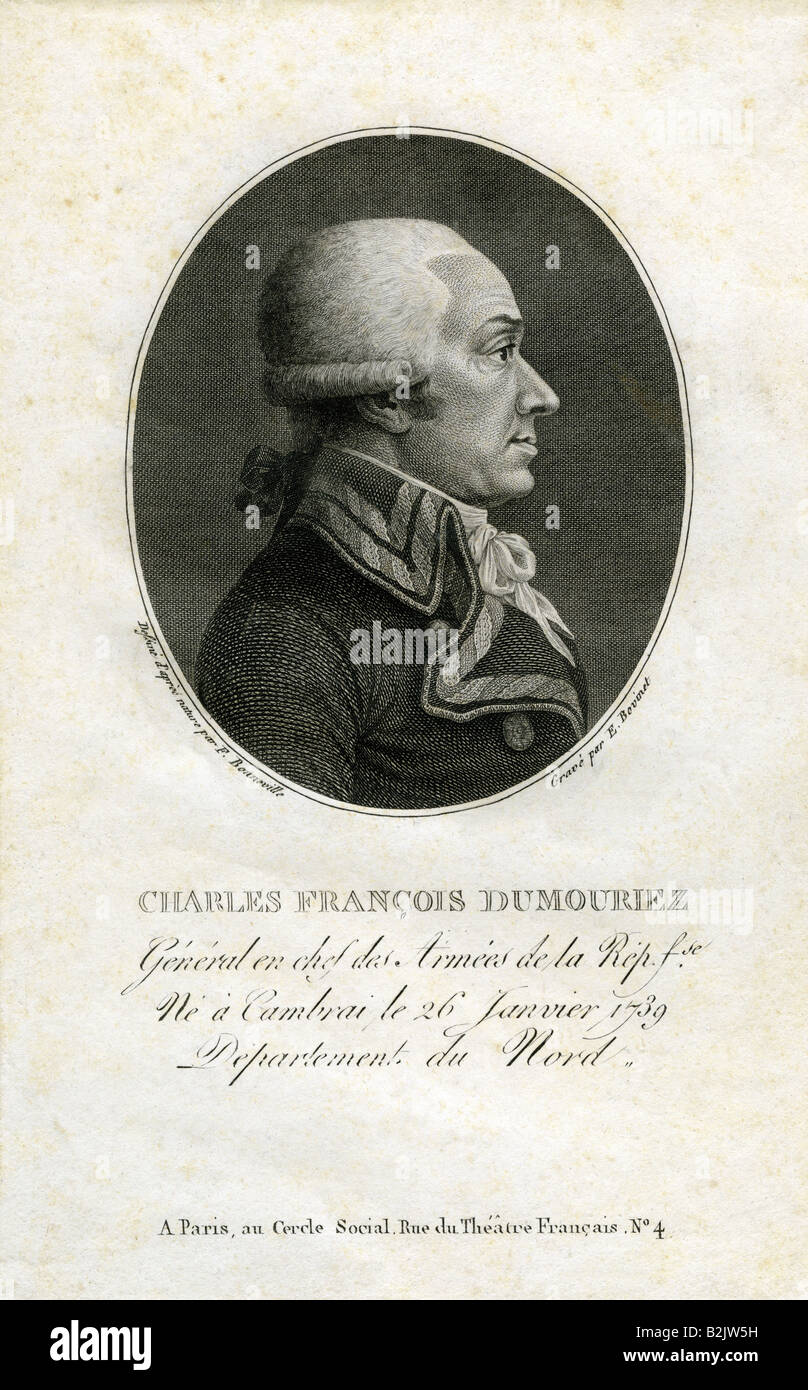 Dumouriez, Charles Francois, 26.1.1739 - 14.3.1823, generale francese, ritratto, vista laterale, incisione su rame, da E. Bovinet, Parigi, Francia, fine XVIII secolo, artista del diritto d'autore non deve essere cancellata Foto Stock