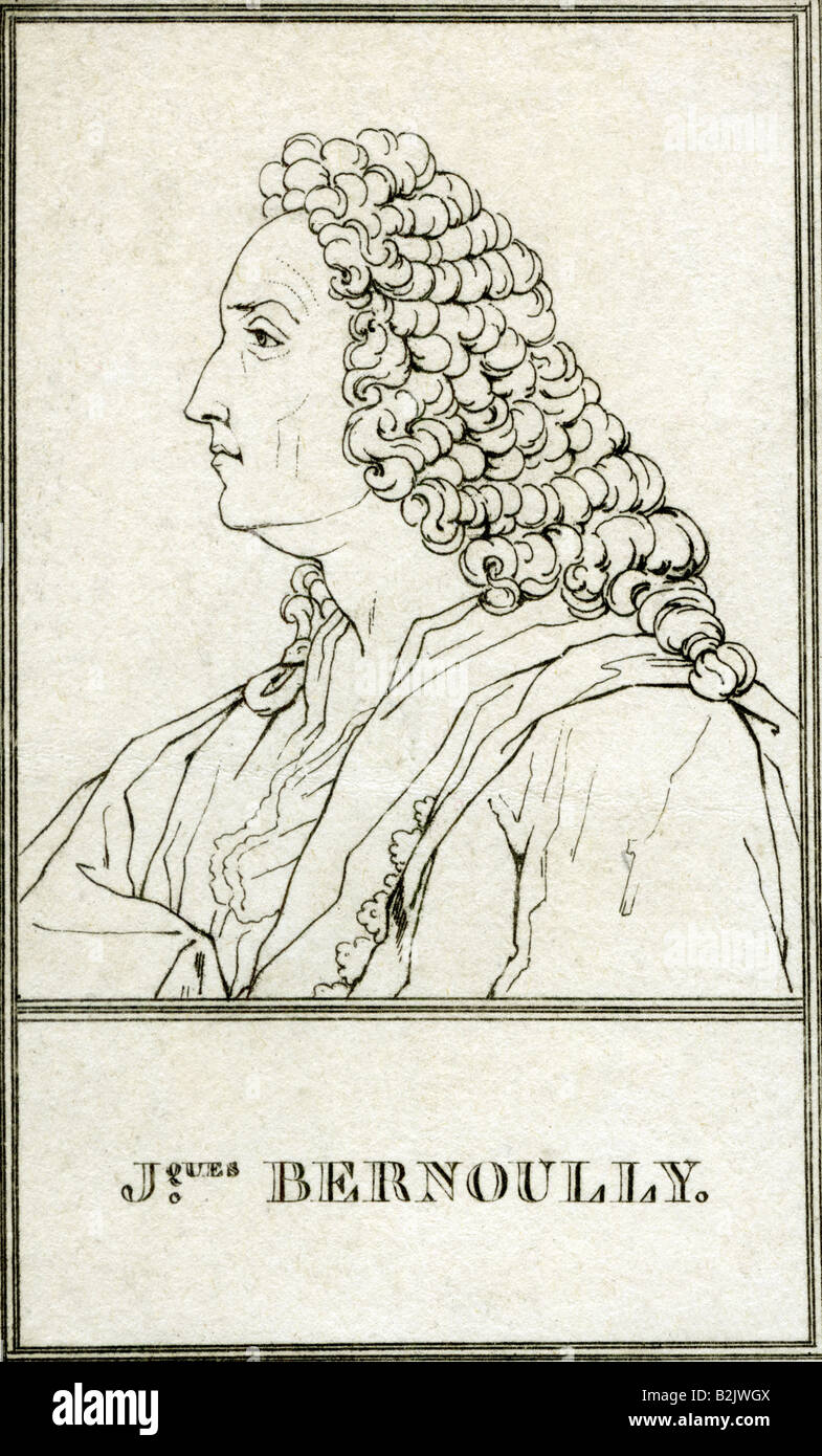 Bernoulli, Jacob I., 6.1.1655 - 16.8.1705, matematico svizzero, fisico, ritratto, vista laterale, incisione, 19th secolo, Foto Stock