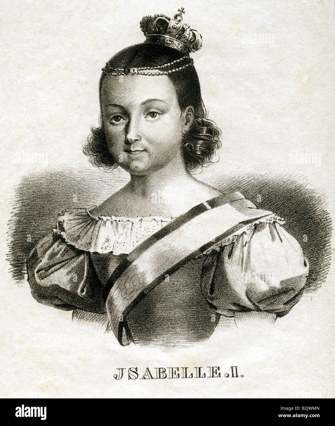 Isabella II, 10.10.1830 - 9.4. 1904, Regina di Spagna 29.9.1833 - 30.9.1868, ritratto, litografia, 19th secolo, , Foto Stock