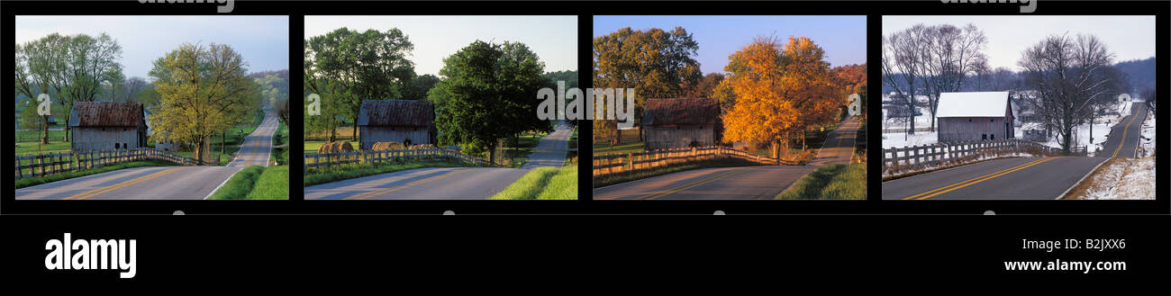 Quattro Stagioni vista della strada del paese attraverso il paesaggio rurale in Washington County Indiana Foto Stock