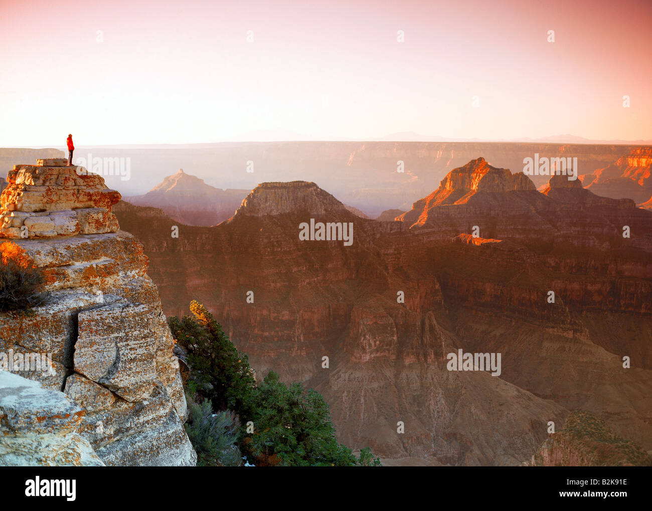 Visitatore su Bright Angel Point all'alba sul North Rim del Grand Canyon in Arizona Foto Stock