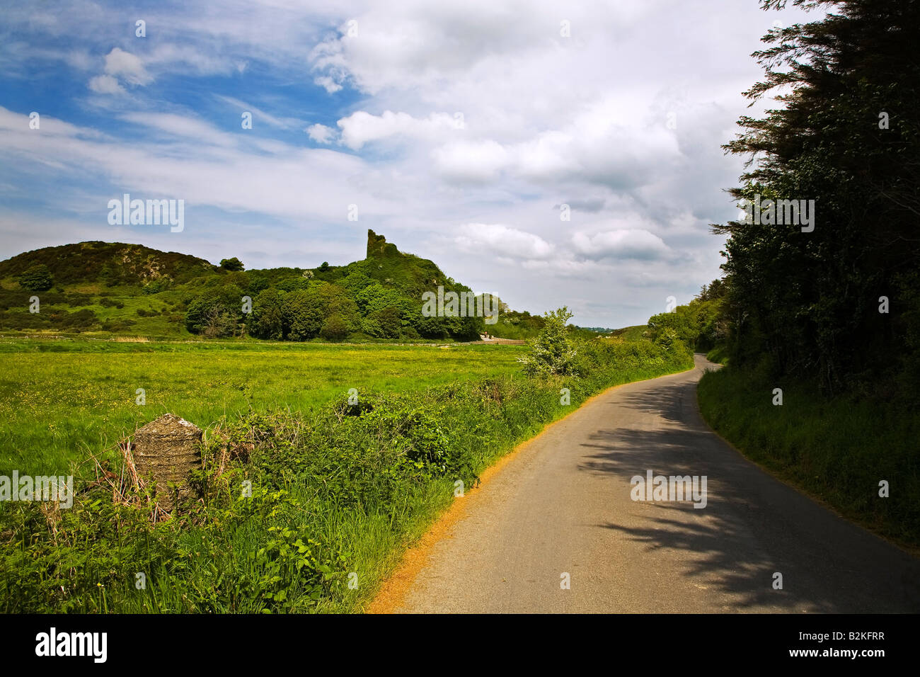 Il XIII secolo il castello di Dunhill che è sceso di Oliver Cromwell nel XVII secolo, vicino Annestown nella costa di rame Geopark, nella contea di Waterford, Irlanda Foto Stock