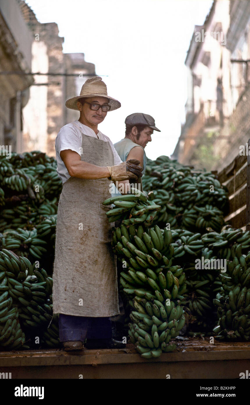 Due uomini lo scarico sul retro di un camion pieno di banane verdi in Havana Cuba Foto Stock